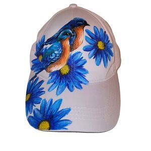 Handpainted Women's Pink Baseball Cap Bluebirds Blue‎ Flowers Adjustable Strap